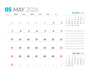 May 2026 Monthly Calendar Template refines executive strategies using minimalist blank lines, perfect for planning goals and focus tracking, great for business use, vector illustration