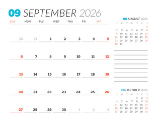 September 2026 Monthly Calendar Template boosts executive control with minimalist blank lines, perfect for workspaces and planning routines, ideal for management use, vector illustration