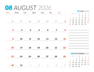August 2026 Monthly Calendar Template enhances time management with minimalist blank lines, ideal for planning and productivity in business environments, simple and modern, vector illustration