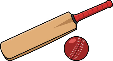 Cricket bat with red grip and leather ball, sports equipment vector illustration isolated on white background.