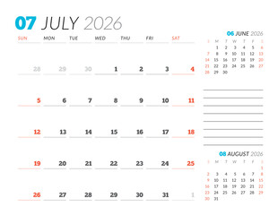 July 2026 Monthly Calendar Template supports strategic planning with minimalist blank lines, ideal for organized workspaces and efficient scheduling routines, vector illustration