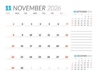 November 2026 Monthly Calendar Template strengthens team structure with minimalist blank lines, perfect for managing tasks and planning flows in office setups, vector illustration
