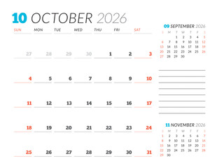 October 2026 Monthly Calendar Template simplifies scheduling with minimalist blank lines, ideal for business desks and planning efficiency, enhances productivity and clarity, vector illustration