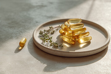 Golden omega-3 softgel capsules artfully stacked on a ceramic plate with thyme — natural dietary supplements for heart health and daily wellness rituals
