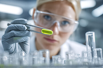 Close-up of scientist in protective goggles holding a bright green pharmaceutical capsule with tweezers in a modern laboratory research setting