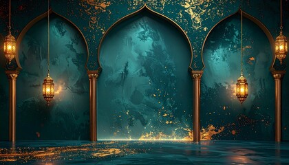 Opulent Teal and Gold Arched Islamic Architecture with Decorative Lanterns, a Grand and Festive Backdrop Evoking Middle Eastern Elegance and Celebration