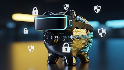Innovative black piggy bank wearing a virtual reality headset symbolizes metaverse finance security and cryptocurrency asset protection concepts.