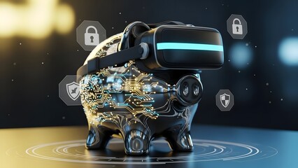 Cyber security and virtual reality integrated with a futuristic metallic piggy bank symbolize digital finance protection and innovation in the metaverse.