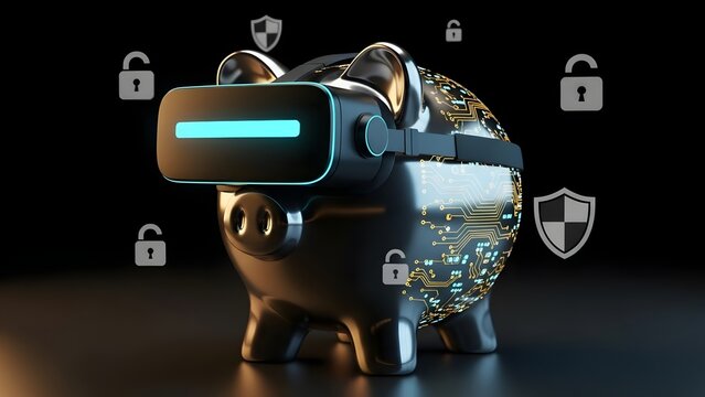 Futuristic cyber security concept featuring a metallic piggy bank adorned with glowing circuit patterns and virtual reality goggles symbolizing digital finance protection. - Powered by Adobe