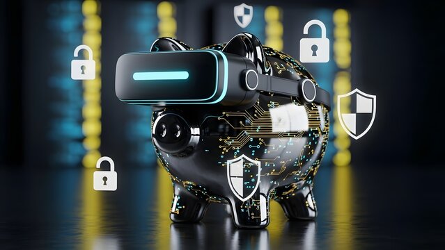 Conceptual rendering of a futuristic digital piggy bank wearing a virtual reality headset symbolizing secure metaverse finance and blockchain investment - Powered by Adobe