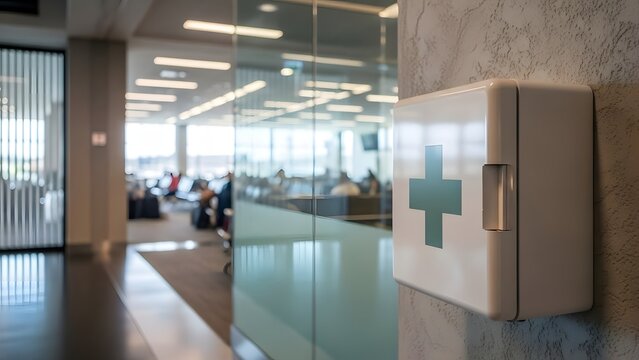 White wall mounted first aid kit with prominent green cross symbol securely fastened beside modern office interior space.