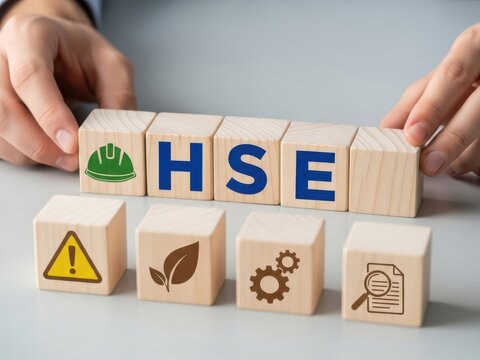 Hands arranging wooden blocks with hse and safety icons