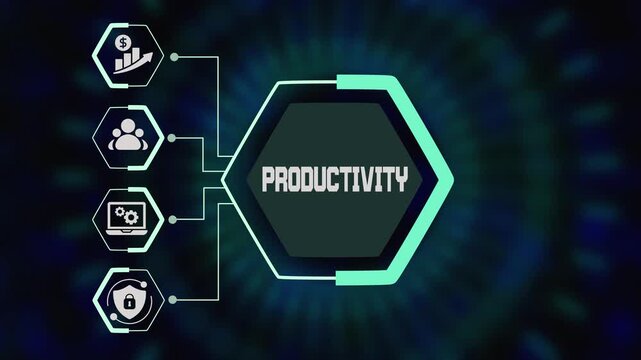Productivity improvement concept with digital hexagon interface, efficiency metrics, workflow optimization icons and modern business technology background.