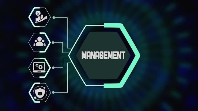 Business management concept with strategic hexagon dashboard, performance control icons, digital workflow system and modern corporate technology background.