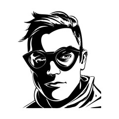 Stylized black and white silhouette of a man in unusual shaped glasses. Avatar, artistic halftone drawing. Vector illustration.