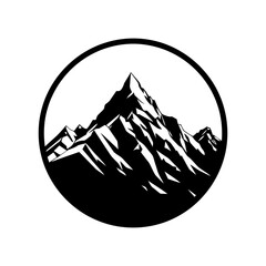 Stylized black silhouette of mountain peaks with white elements of snow or rocks in a black circle. Pictogram of nature or travel. Vector illustration.