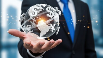 Global currency exchange concept, Closeup Businessman Hand holding virtual earth with dollar, euro, and yen signs, representing international finance, forex trading, and global economy