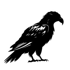 Detailed black silhouette of a standing eagle or falcon. Stylized drawing in graphic art style. Pictogram of majesty and power. Vector illustration.