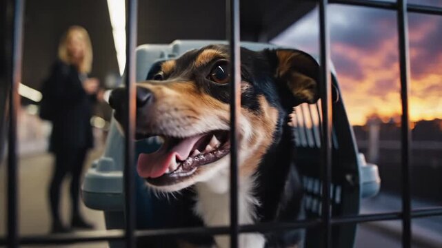 A happy dog peeking out of a carrier, looking forward to an adventure with an optimistic sunset in the background