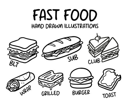 Hand drawn fast food vector illustration set featuring black and white line art of sandwiches, burgers, wraps, and toast isolated on white.