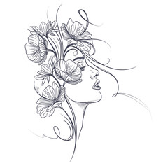 Fashion vector lined beautiful fairy nymph in elegant style, portrait with flowers and swirls