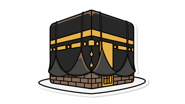 Stylized cartoon of the Kaaba, a cubic structure covered in black cloth with gold accents