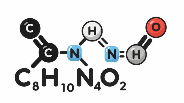 Stylized chemical structure of an organic molecule with formula C8H10N4O2, depicted with colored atoms and bonds
