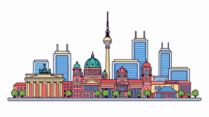 Obraz premium Stylized cityscape illustration featuring iconic buildings, domes, and modern high-rises against a white background