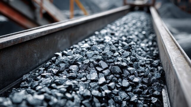 A conveyor belt filled with crushed coal in a processing plant