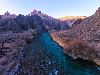 The Charynka River and the Valley of Castles of the Charyn Canyon. Drone view.