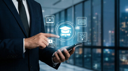 Mobile learning concept with interactive digital education interface featuring video, goals, multilingual support, and AI powered smart study for modern knowledge, e-learning and remote training