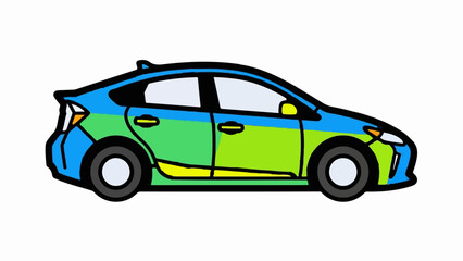 Fototapeta premium Stylized car with vibrant blue, green, and yellow panels, rendered in a flat, illustrative style