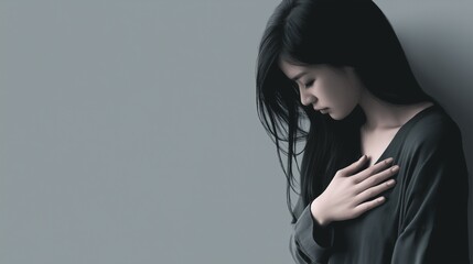 Obraz premium 不安で胸を押さえる日本人女性