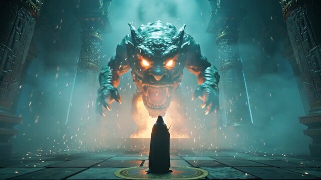 Ancient temple interior, sorceress performing magical ritual, glowing arcane symbols, summoning colossal elemental monster composed fire stone ice, dust sparks flying, cinematic camera shake, epic 4k
