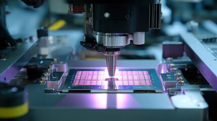 Fototapeta premium Advanced Automated Machine Manufacturing Microchips on Silicon Wafer with Purple Light