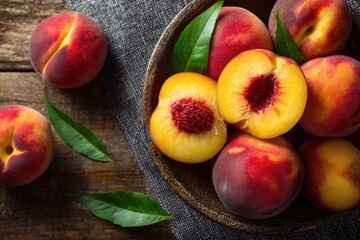 Ripe Peaches in Bowl with Leaves on Rustic Wood, Natural Light, Overhead View