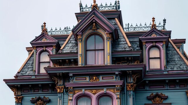 Ornate victorian building with detailed roofline, intricate dormer windows, and architectural elements for historic property concept