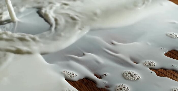 White Milk Spilling and Spreading on Wooden Table Surface