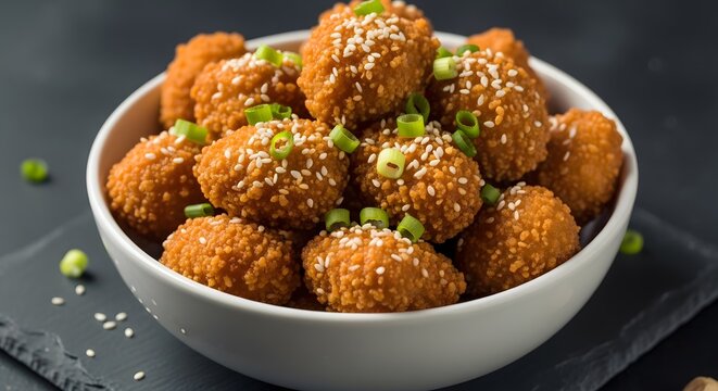 Appetizer bowl of crispy fried chicken bites topped with sesame
