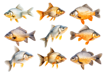 Set of common carp fish with detailed scales and fins, isolated on white transparent background