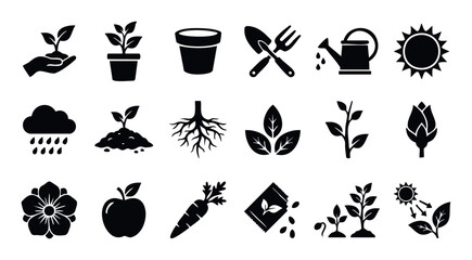 Diverse set of gardening and plant growth icons depicting seedlings, roots, leaves, fruits, tools, and environmental factors, ideal for agricultural presentations, ecofriendly promotions,