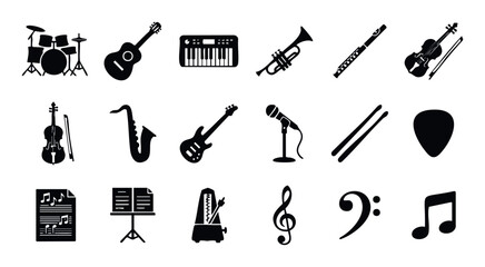 Obraz premium Collection of musical instrument and symbol silhouettes perfect for musicthemed projects educational materials and graphic design resources related to sound and rhythm