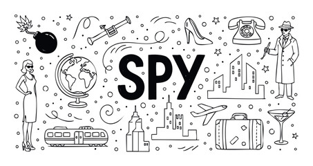 Explore the exciting world of espionage with this collection of spy themed objects and secret agent characters, perfect for adventure stories and mystery narratives.