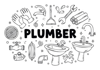 Handdrawn collection of plumbing tools and equipment, featuring sinks, wrenches, and pipes, ideal for promoting professional plumbing services and home repair information.