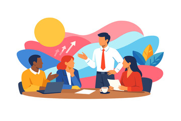 Digital illustration of a business team gathering amid a vivid abstract backdrop