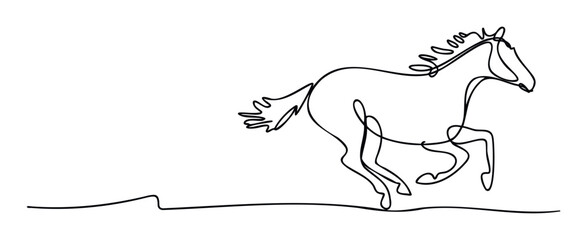 Obraz premium A dynamic running horse captured with a single continuous flowing line, ideal for modern print projects, apparel prints, or minimalist wall decor.