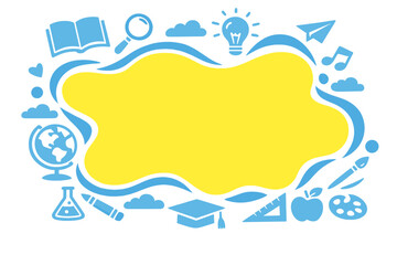 A stylized cartoon illustration featuring a central yellow wavy form set against a blue background, encircled by faint educational symbols, offering a visually engaging and conceptual depiction of