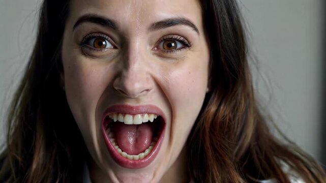 Female face opens wide mouth Bart writes