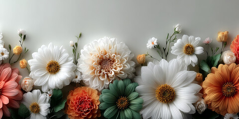 Fototapeta premium A vibrant arrangement of diverse flowers in full bloom, showcasing various colors and textures