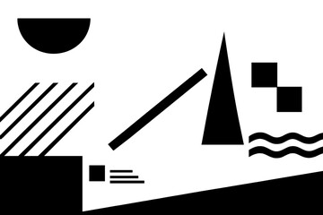 Fond abstrait compos&eacute; de lignes et de formes g&eacute;om&eacute;triques en noir et blanc, design d&eacute;coratif moderne, banni&egrave;re vectorielle conceptuelle, papier peint original avec illustrations minimalistes